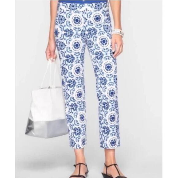 TALBOTS Heritage Cropped Ankle Straight Pant in Mosaic Blue & White // 14 Petite - Picture 1 of 11